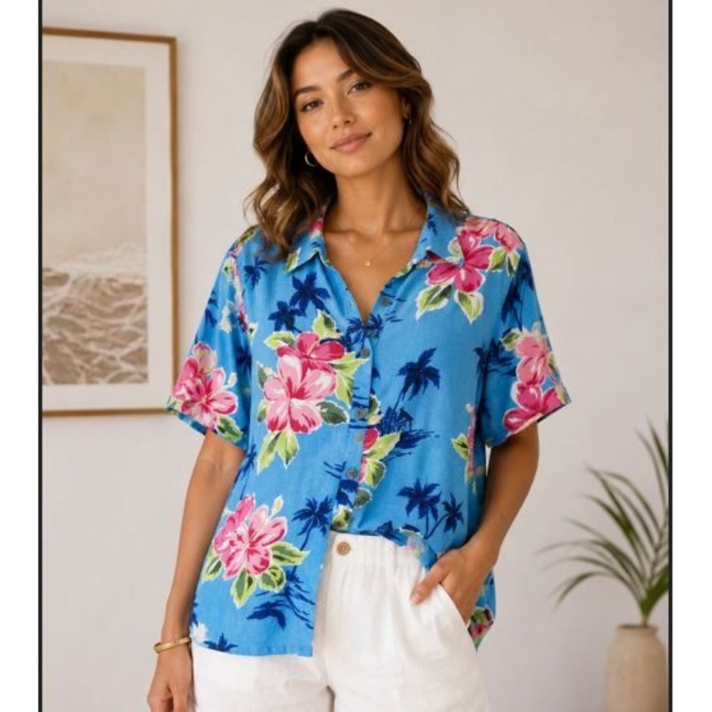 Vintage Hawaiian Shirt 18W/20W Blue Floral Linen Tropical Cruise Summer Beachy